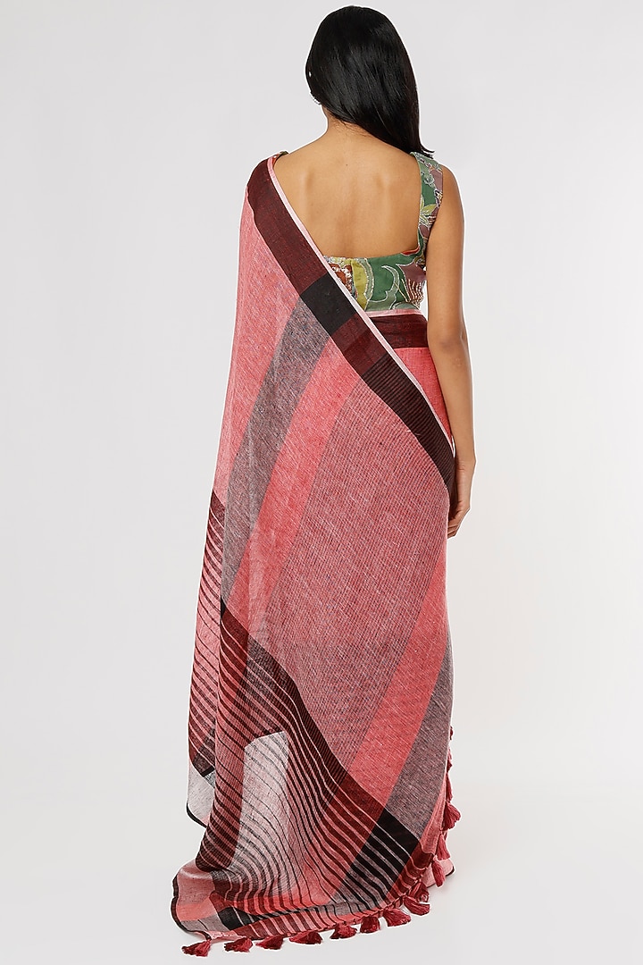 Pink Pure Linen Printed Festive Saree Set by linencut at Pernia's Pop Up Shop