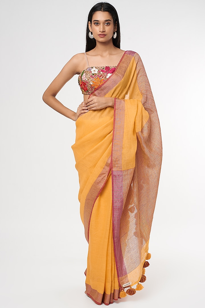 Yellow & Maroon Pure Linen Saree by linencut