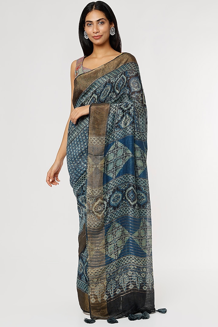 Blue Pure Linen Printed Saree Set by linencut