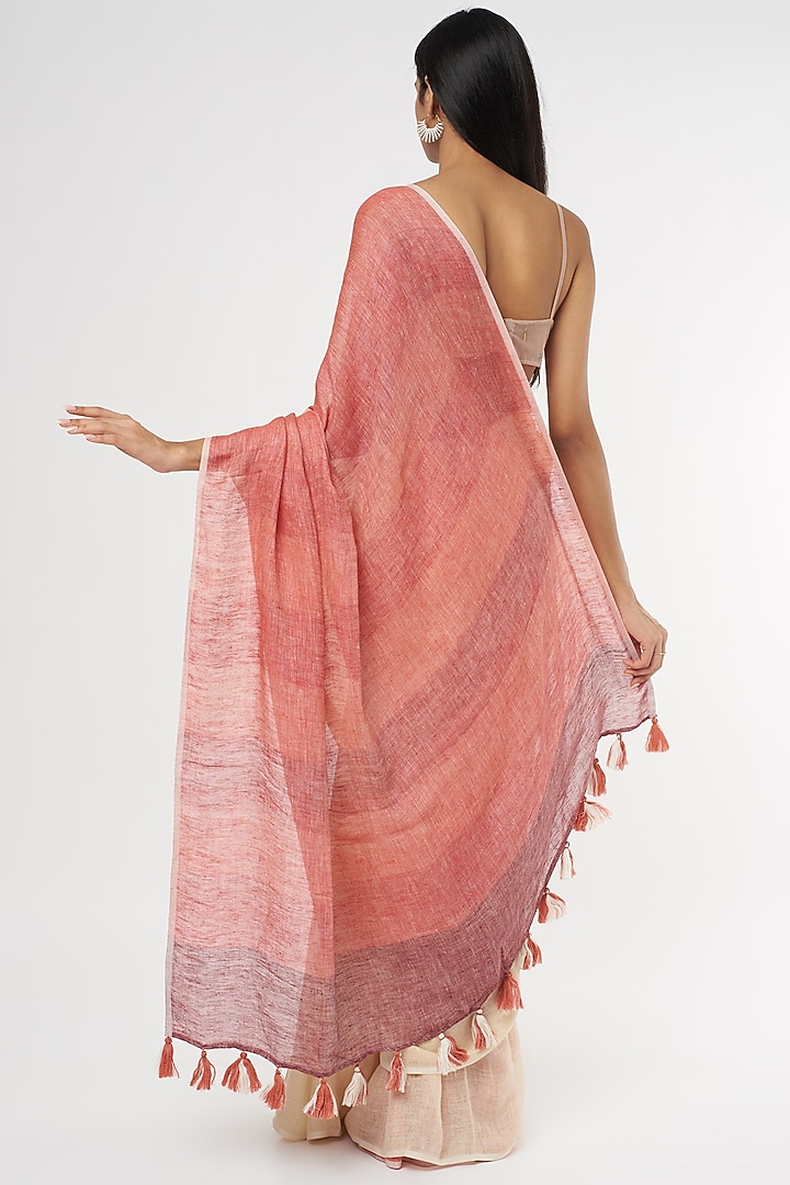 Cream & Maroon Pure Linen Festive Saree by linencut at Pernia's Pop Up Shop