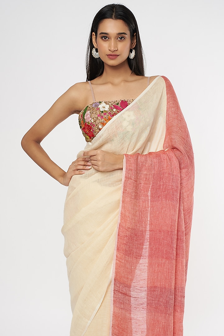 Cream & Maroon Pure Linen Festive Saree by linencut at Pernia's Pop Up Shop