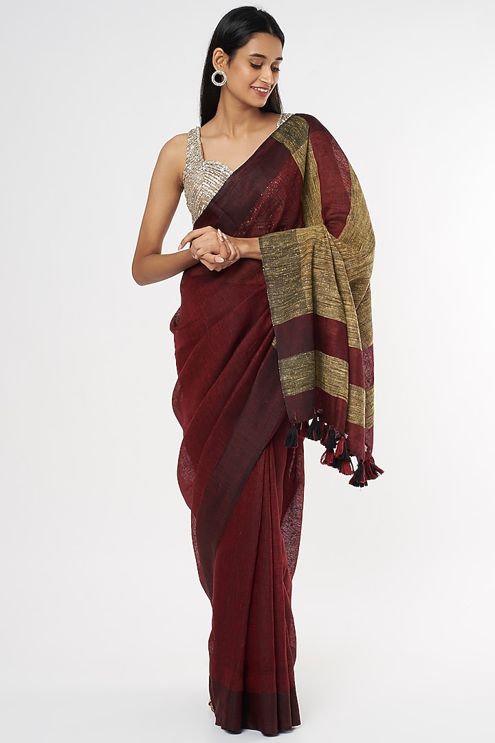 Maroon Pure Linen Festive Saree by linencut at Pernia's Pop Up Shop