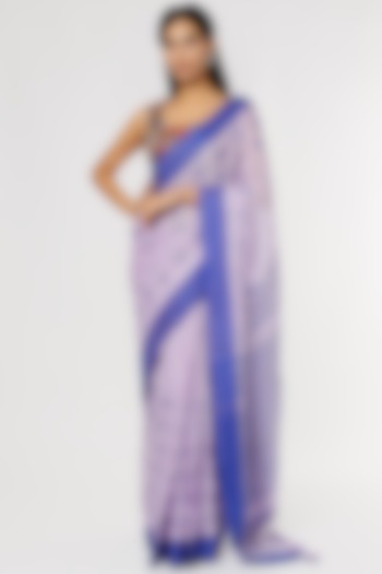 Mauve & Blue Pure Linen Printed Saree Set by linencut