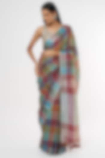 Multi-Colored Pure Linen Checks Printed Saree by linencut