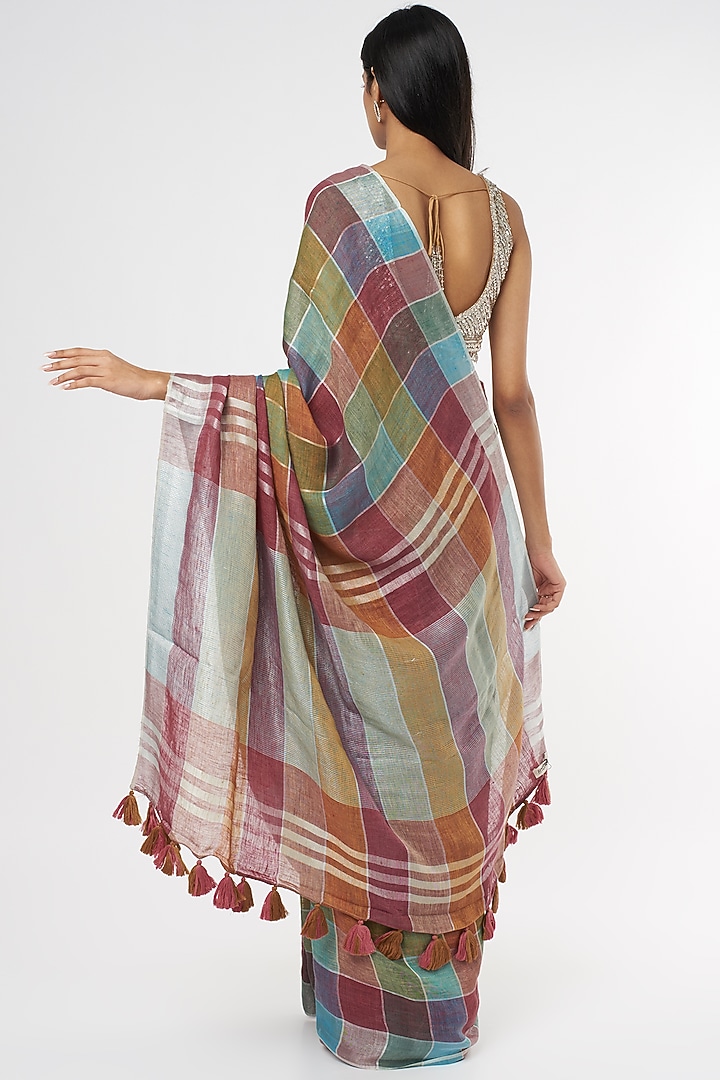 Multi-Colored Pure Linen Checks Printed Festive Saree by linencut at Pernia's Pop Up Shop