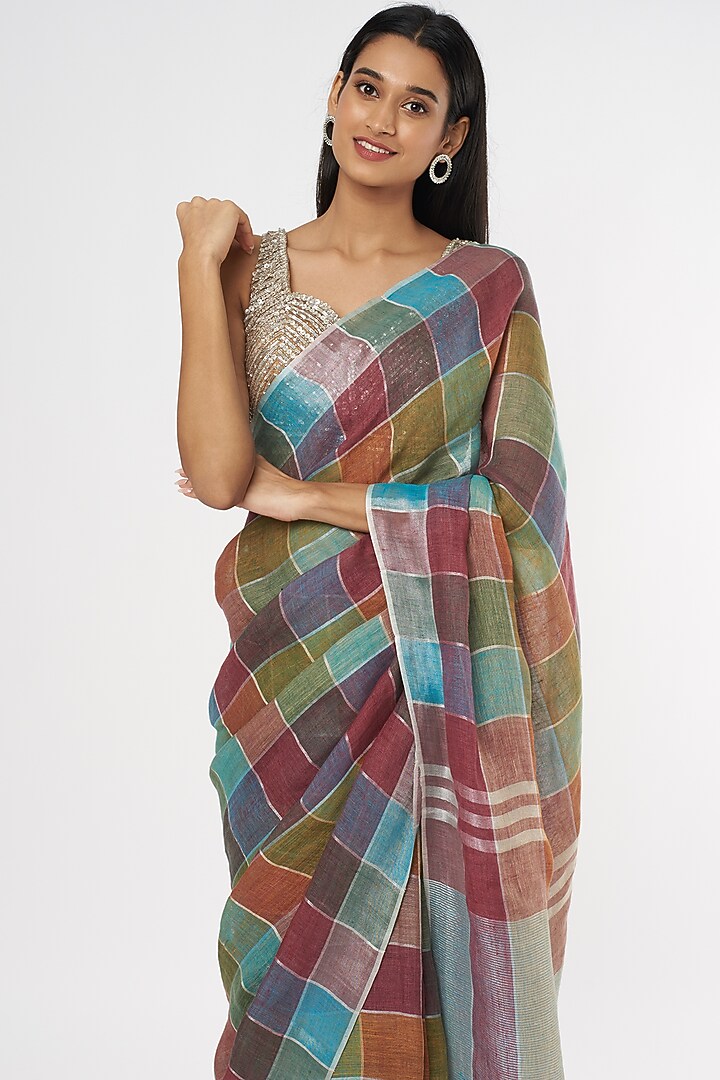Multi-Colored Pure Linen Checks Printed Festive Saree by linencut at Pernia's Pop Up Shop
