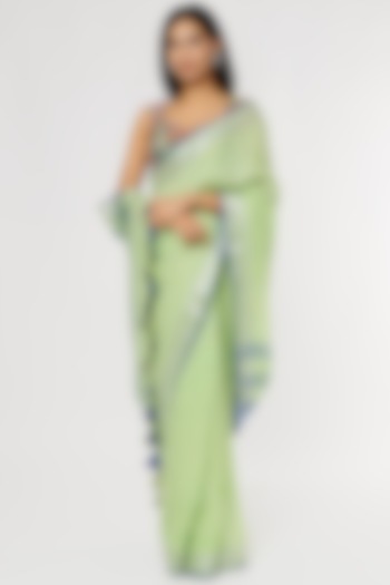 Lime Pure Linen Thread Embroidered Saree Set by linencut