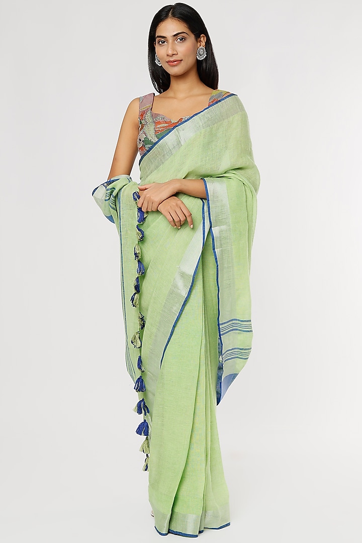 Lime Pure Linen Thread Embroidered Saree Set by linencut