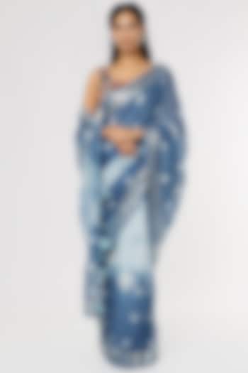 Blue Tie-Dye Printed Saree Set by linencut