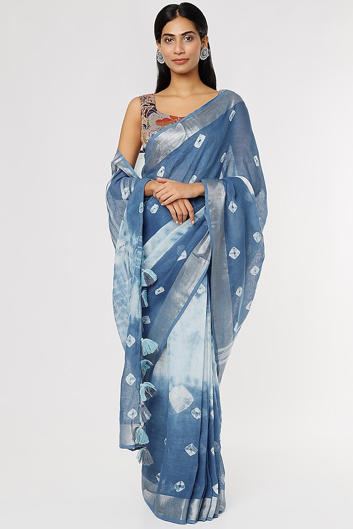 Blue Tie-Dye Printed Saree Set by linencut
