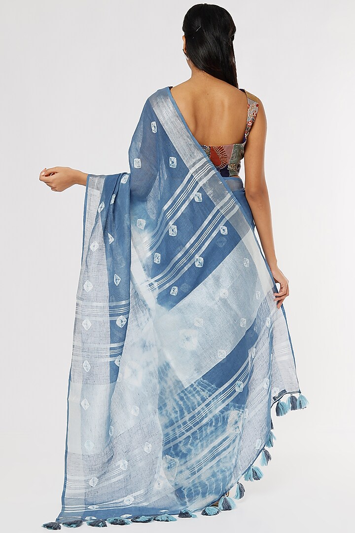 Blue Tie-Dye Printed Festive Saree Set by linencut at Pernia's Pop Up Shop