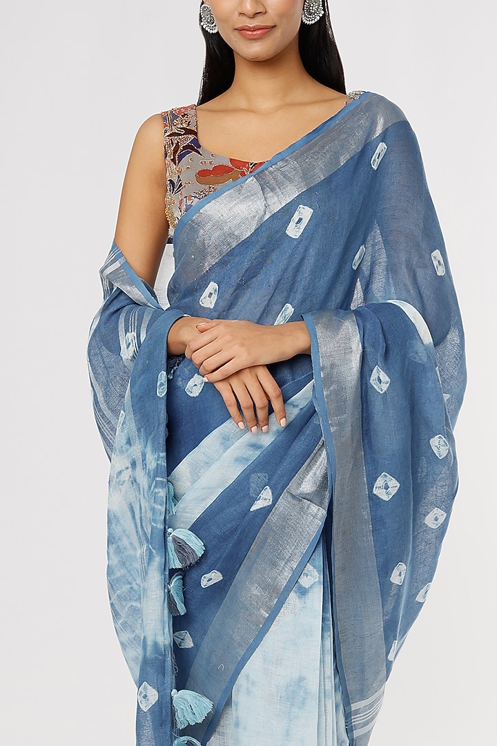 Blue Tie-Dye Printed Festive Saree Set by linencut at Pernia's Pop Up Shop
