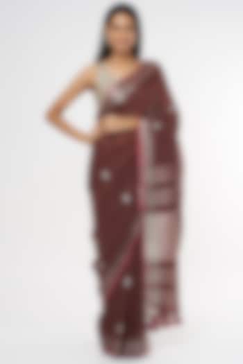 Brown & Silver Pure Linen Saree by linencut