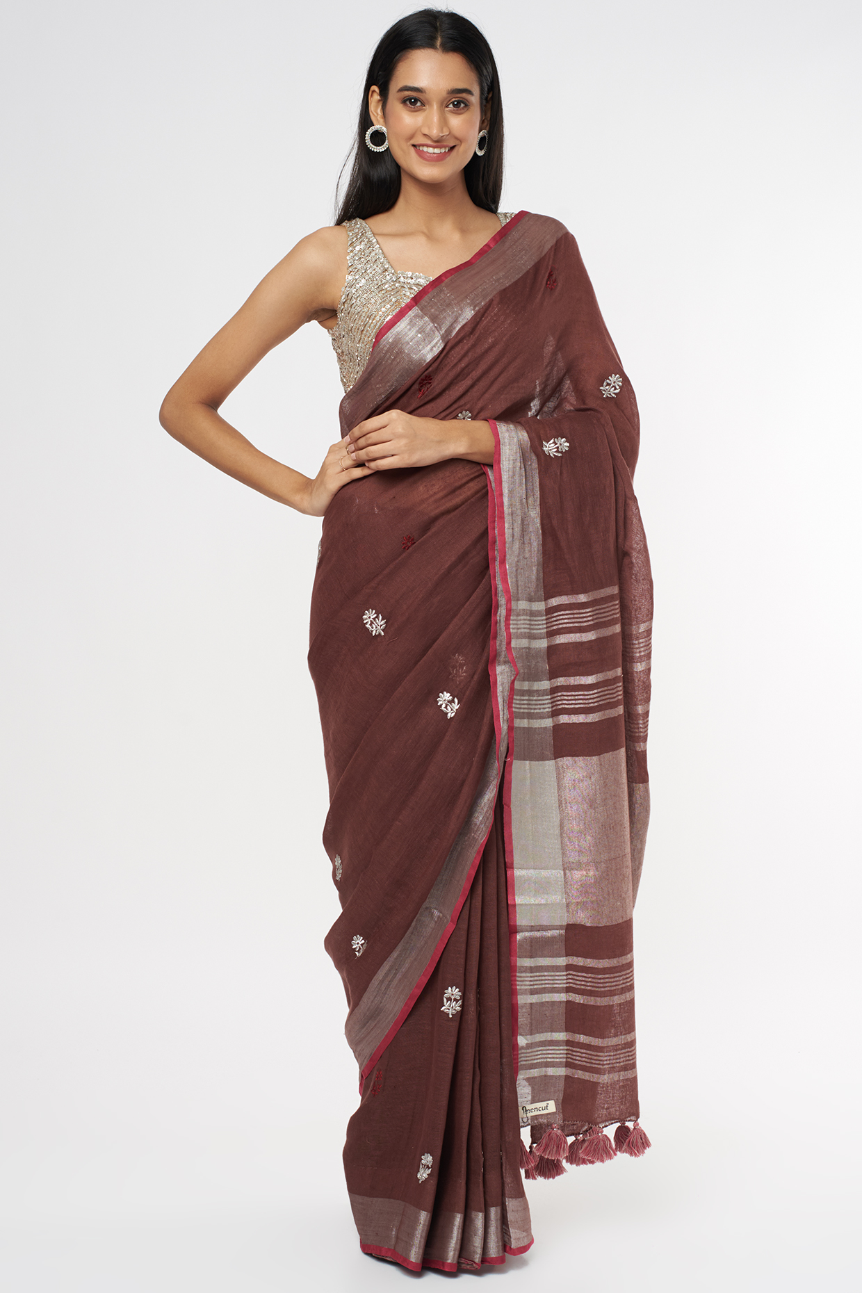 Brown & Silver Pure Linen Saree by linencut