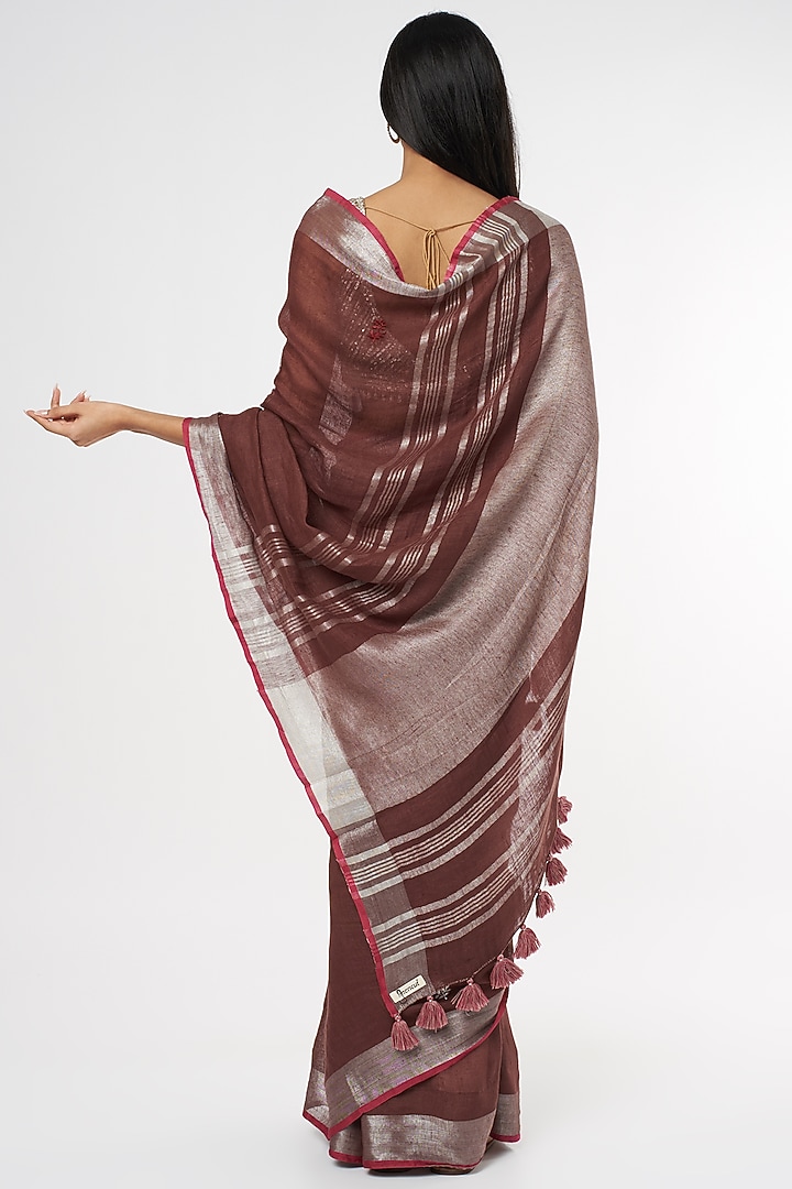 Brown & Silver Pure Linen Festive Saree by linencut at Pernia's Pop Up Shop