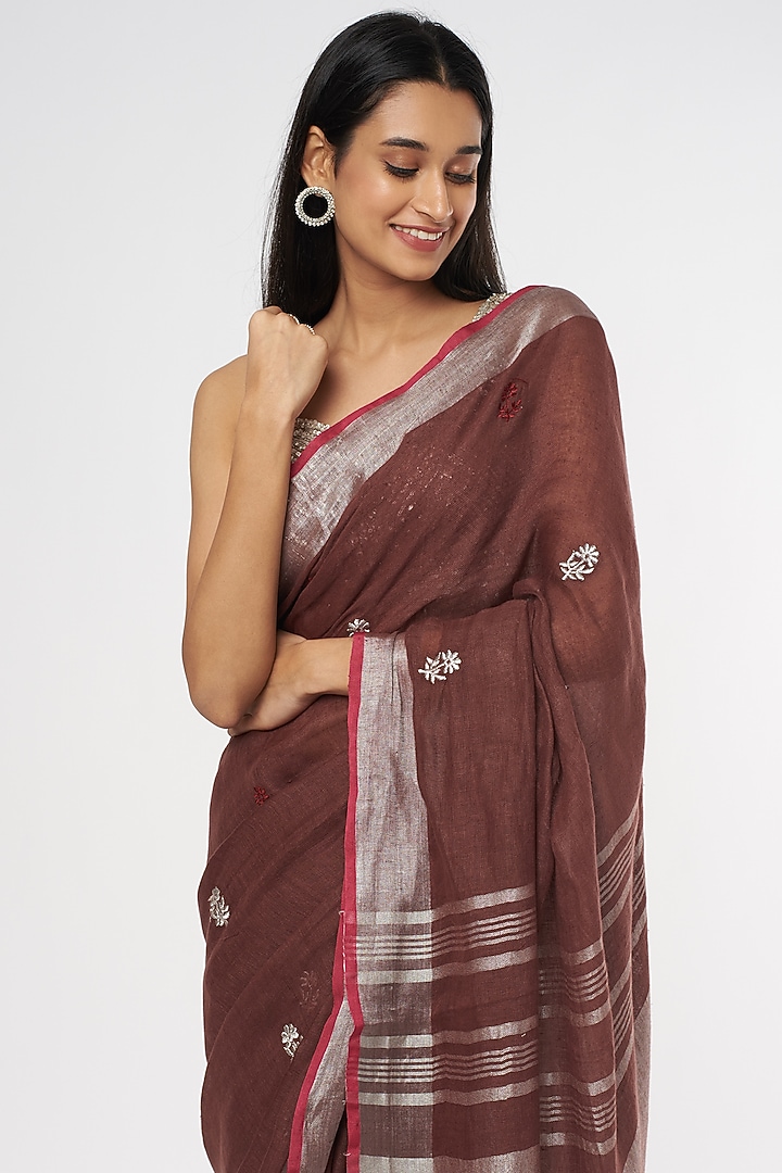 Brown & Silver Pure Linen Festive Saree by linencut at Pernia's Pop Up Shop