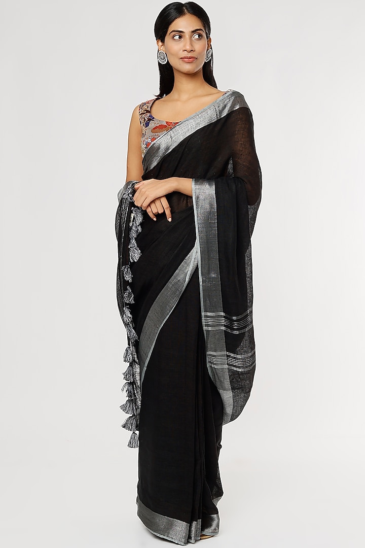 Black Pure Linen Saree Set by linencut