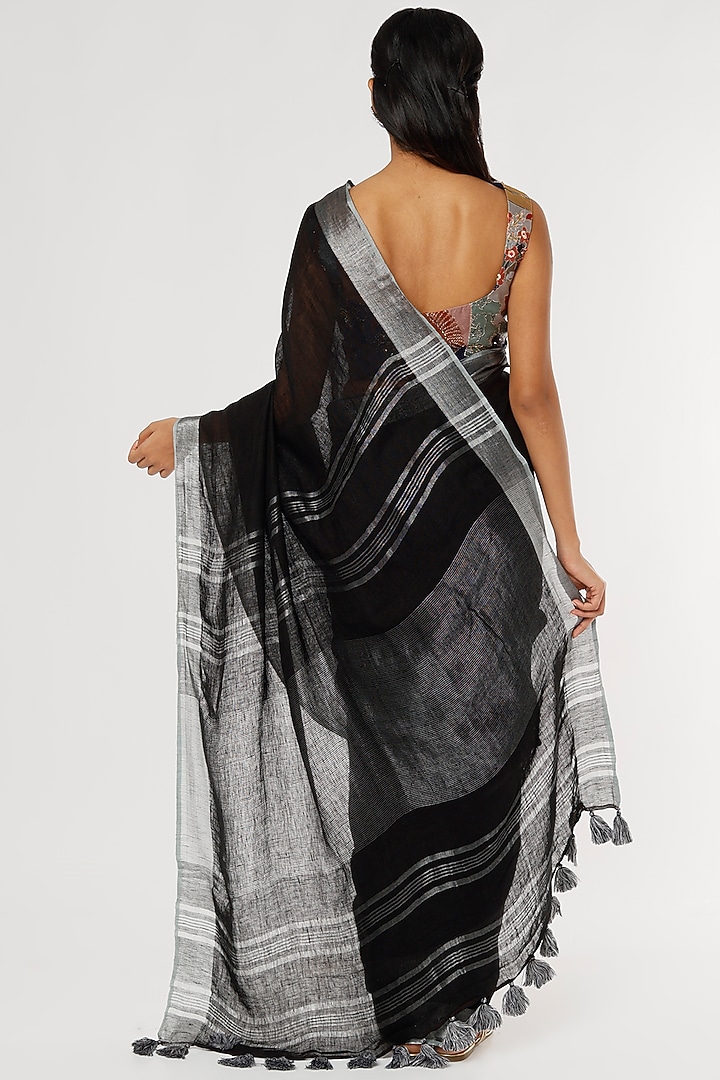 Black Pure Linen Festive Saree Set by linencut at Pernia's Pop Up Shop