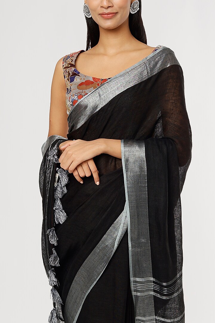 Black Pure Linen Festive Saree Set by linencut at Pernia's Pop Up Shop