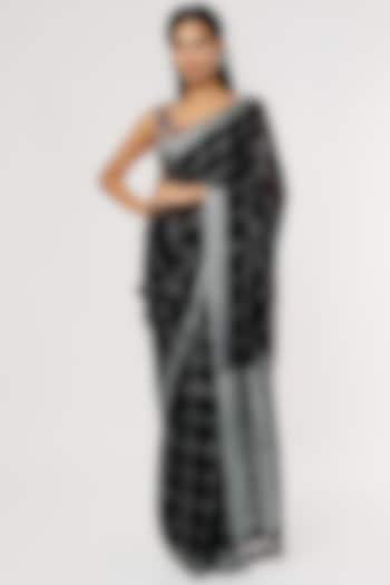 Black & Silver Pure Linen Checkered Saree Set by linencut