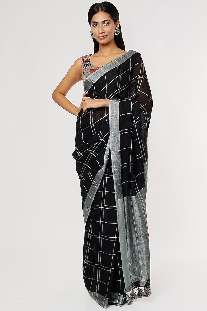 Black & Silver Pure Linen Checkered Saree Set by linencut