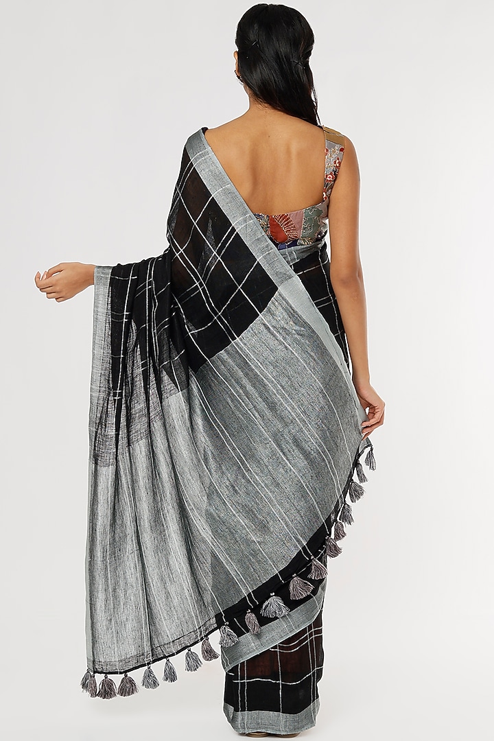 Black & Silver Pure Linen Checkered Festive Saree Set by linencut at Pernia's Pop Up Shop
