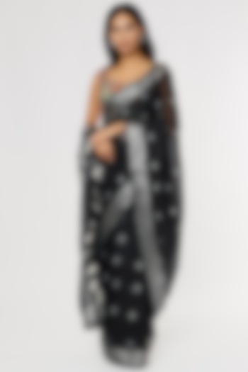 Black Linen Printed Saree Set by linencut