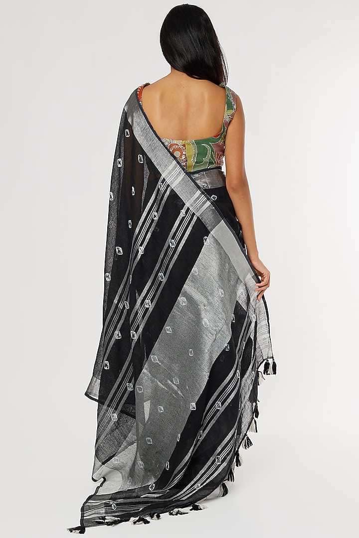 Black Linen Printed Festive Saree Set by linencut at Pernia's Pop Up Shop
