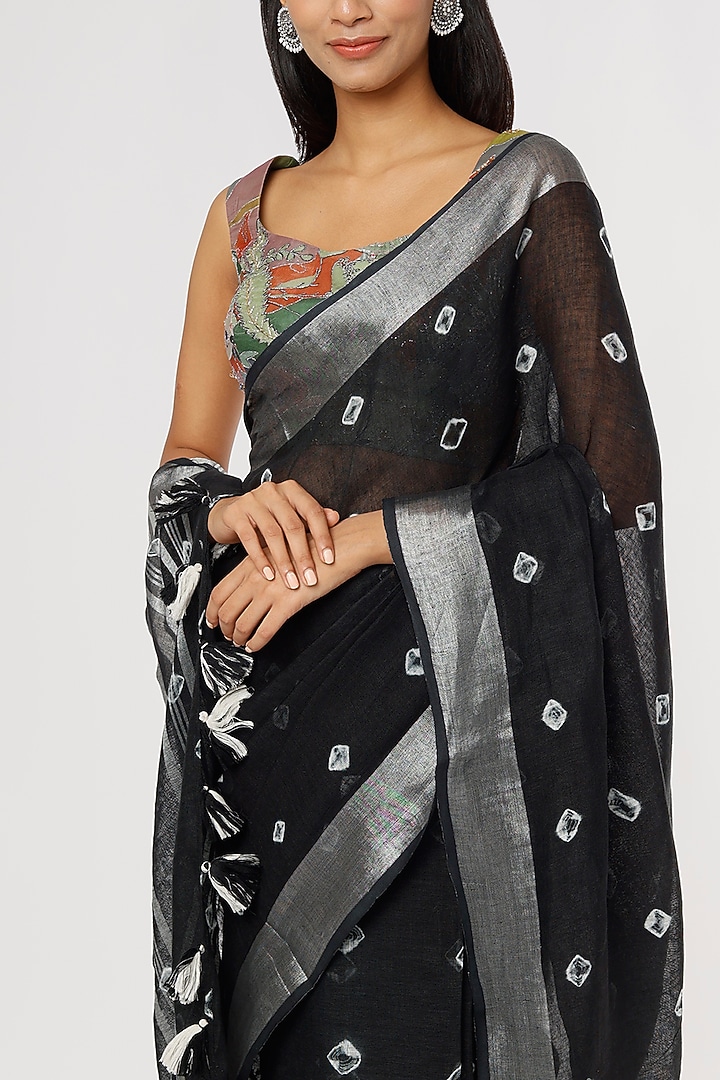 Black Linen Printed Festive Saree Set by linencut at Pernia's Pop Up Shop