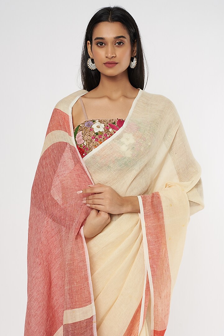 Cream Pure Linen Festive Saree Set by linencut at Pernia's Pop Up Shop