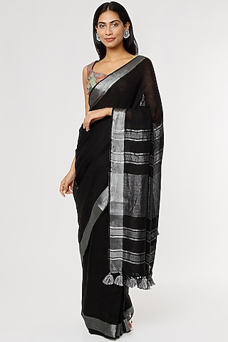 Black Pure Linen Saree Set by linencut