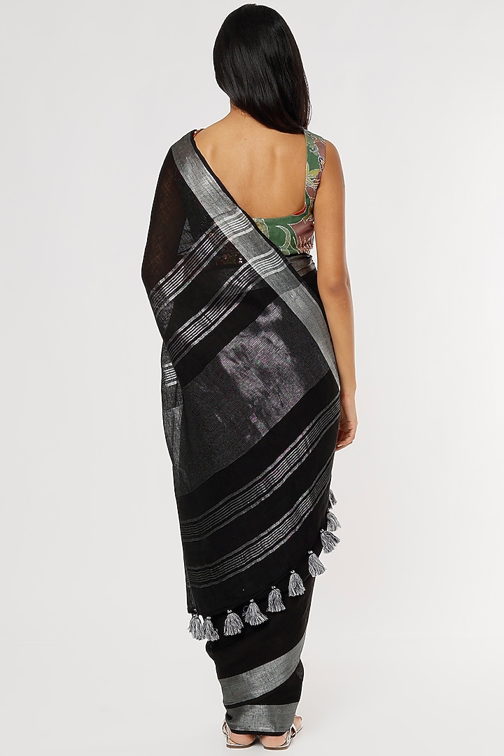 Black Pure Linen Festive Saree Set by linencut at Pernia's Pop Up Shop