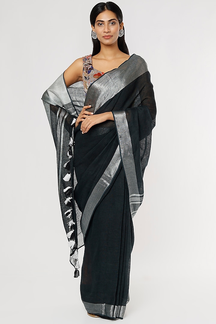 Black Saree Set In Pure Linen by linencut