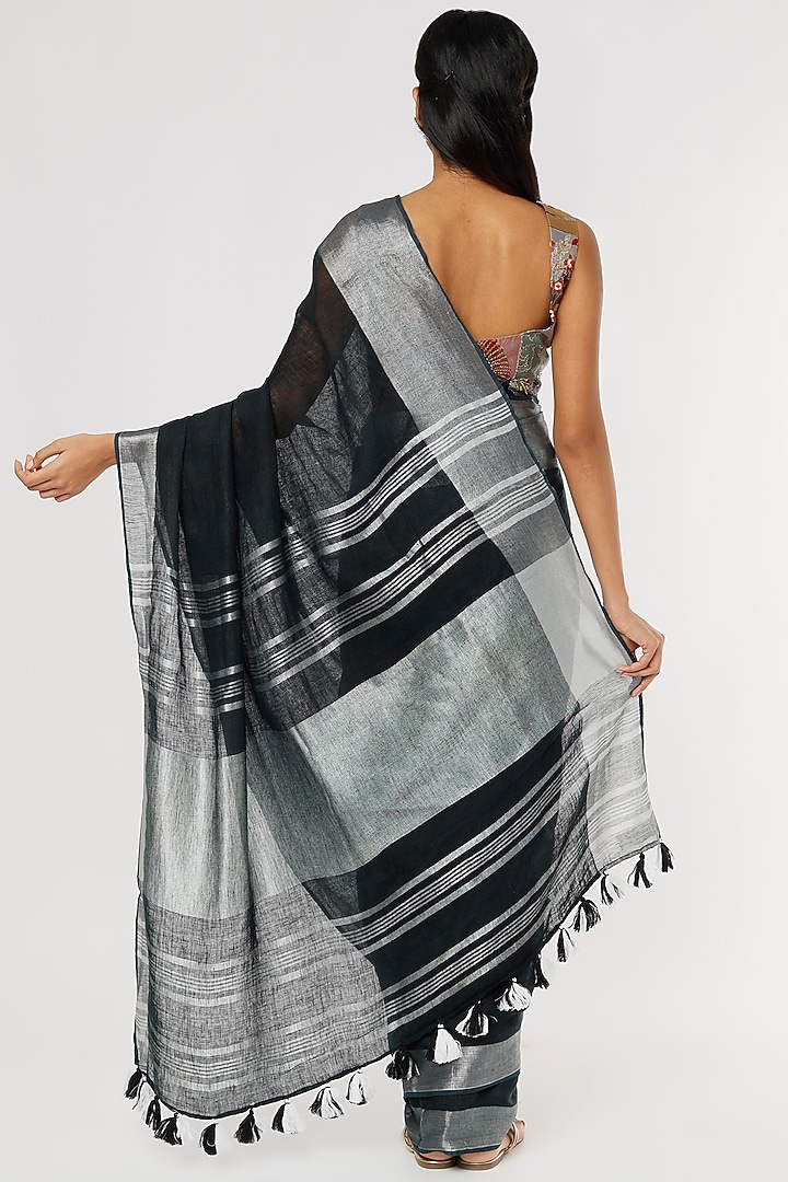 Black Festive Saree Set In Pure Linen by linencut at Pernia's Pop Up Shop