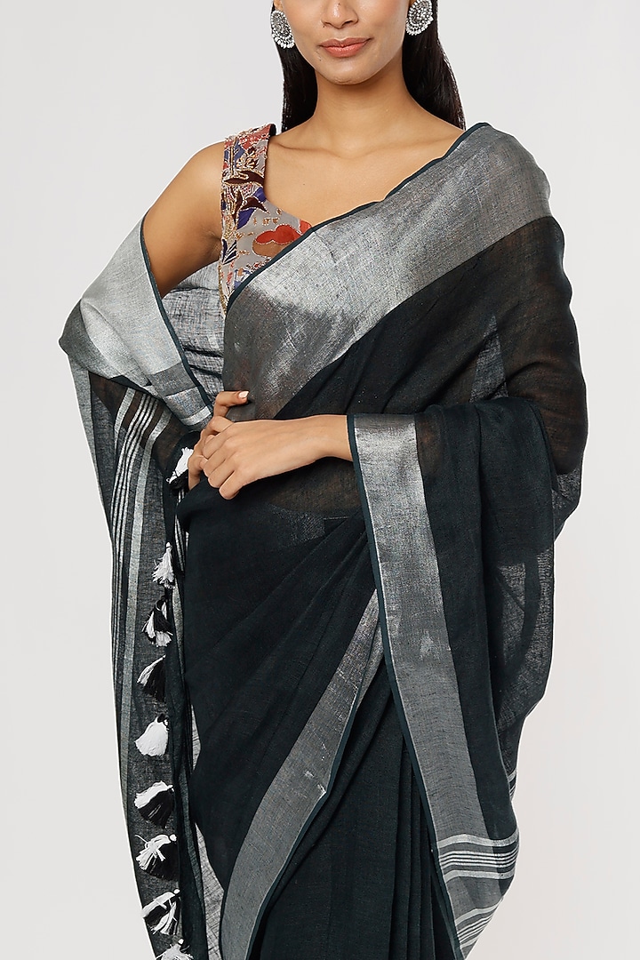 Black Festive Saree Set In Pure Linen by linencut at Pernia's Pop Up Shop