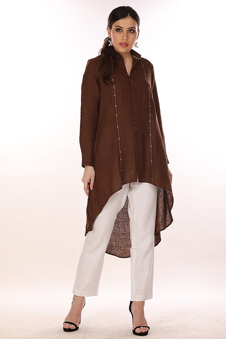 Brown Linen Asymmetric Tunic Top by linencut