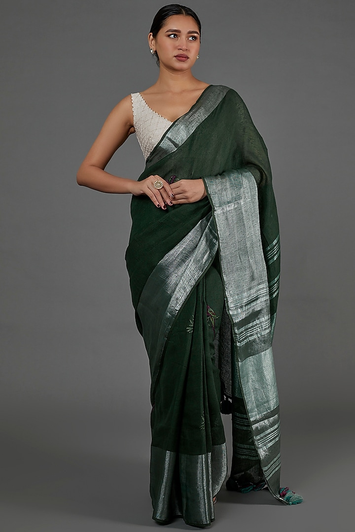 Green Embroidered Saree by linencut