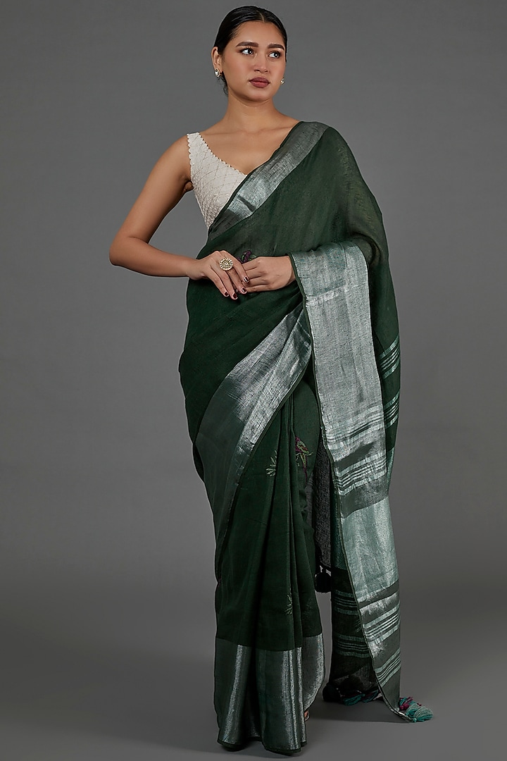 Green Embroidered Saree by linencut at Pernia's Pop Up Shop