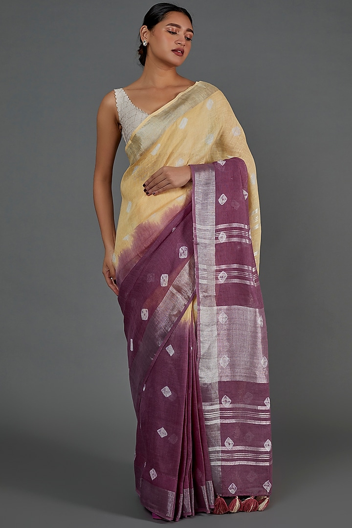 Yellow & Purple Linen Bandhani Printed Saree by linencut