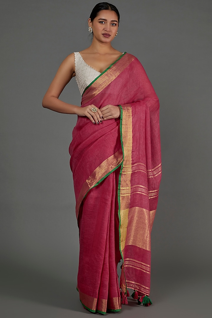 Pink Linen Saree by linencut