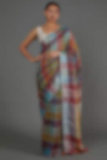 Multi-Colored Pure Linen Checks Printed Saree by linencut at Pernia's Pop Up Shop