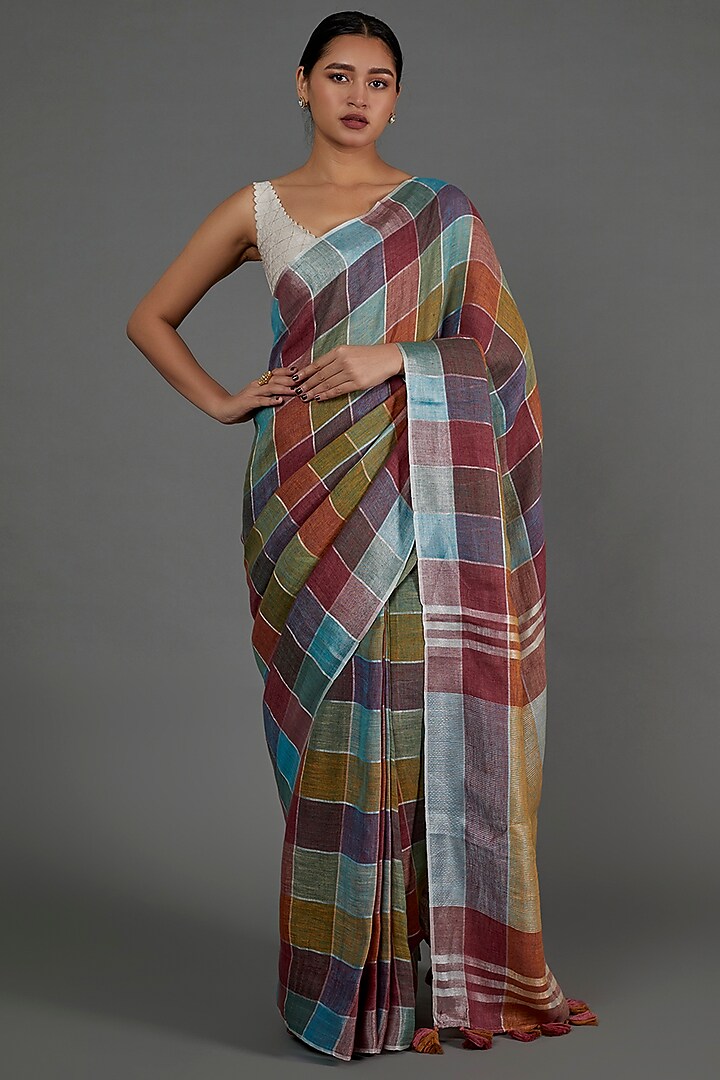 Multi-Colored Pure Linen Checks Printed Saree by linencut at Pernia's Pop Up Shop