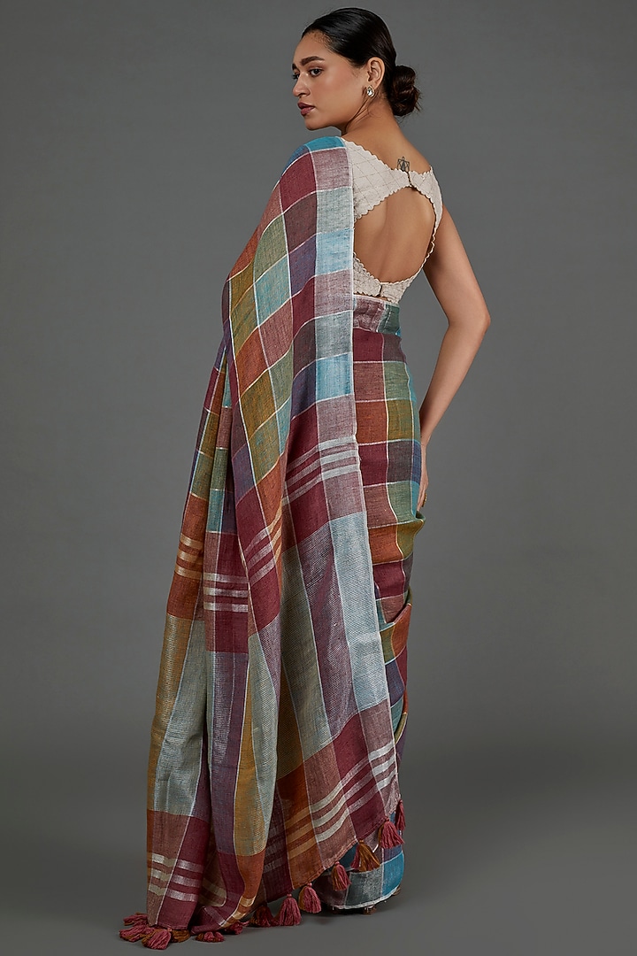 Multi-Colored Pure Linen Checks Printed Festive Saree by linencut at Pernia's Pop Up Shop