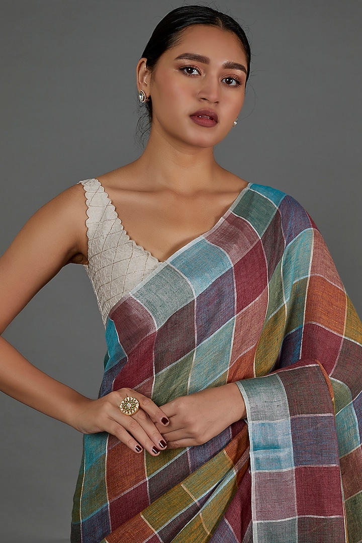 Multi-Colored Pure Linen Checks Printed Festive Saree by linencut at Pernia's Pop Up Shop