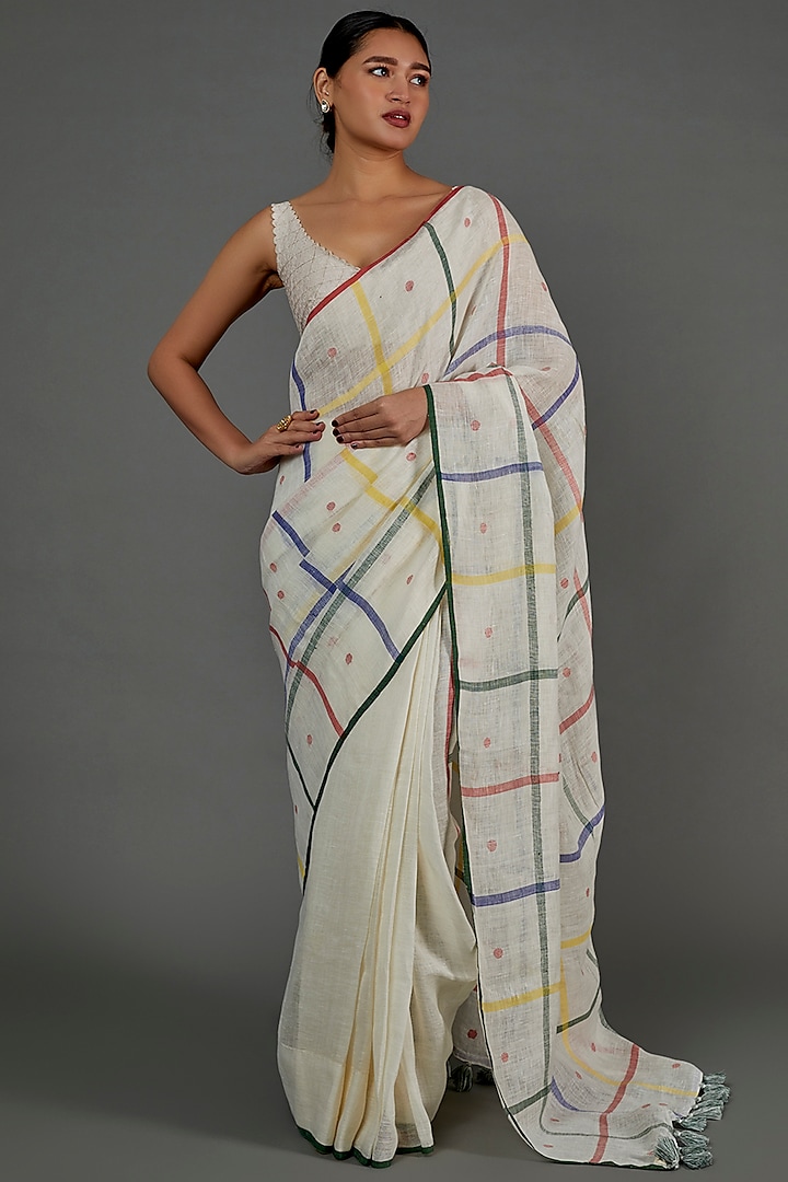 White Printed Saree by linencut