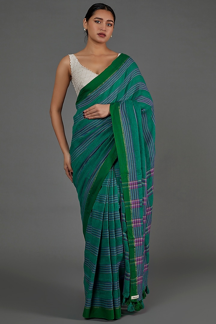 Green Pure Linen Striped Printed Saree by linencut