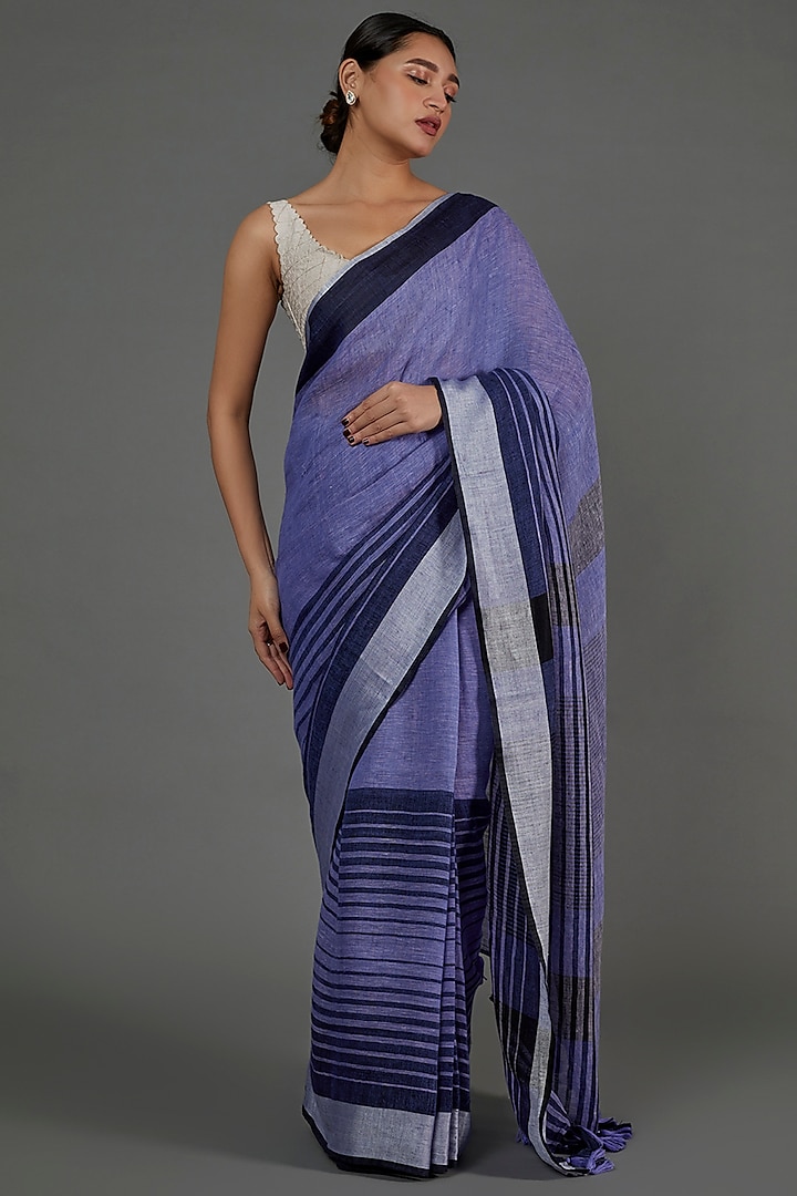 Blue Printed Saree by linencut