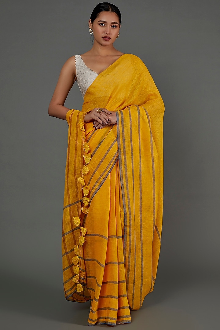 Yellow Linen Saree by linencut