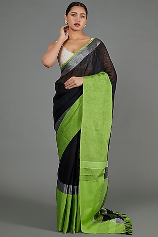 Black & Green Handwoven Linen Embellished Saree Set by linencut