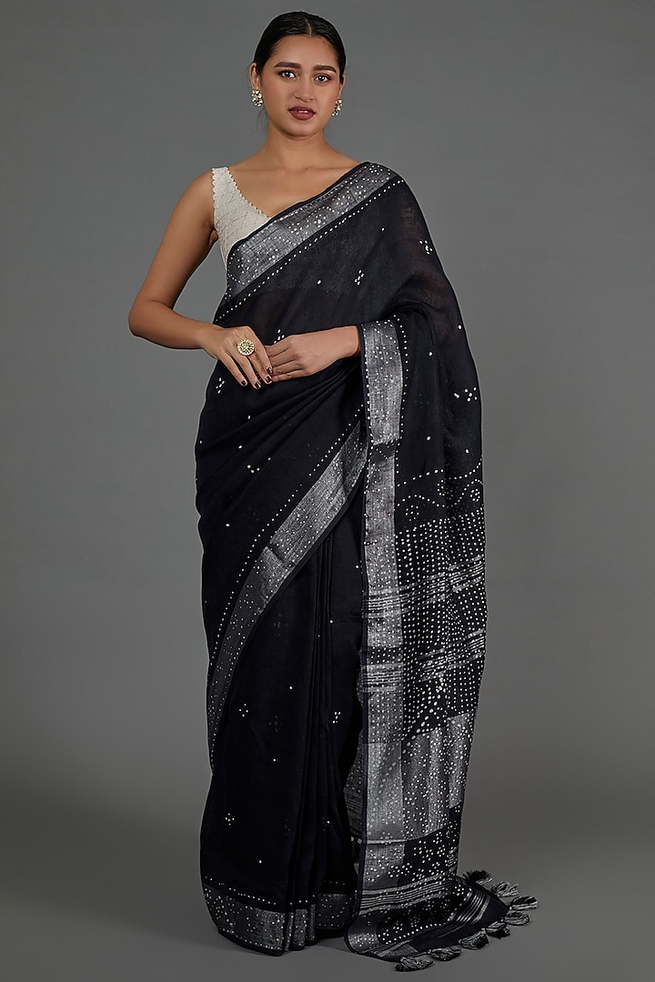 Black Handwoven Linen Saree by linencut